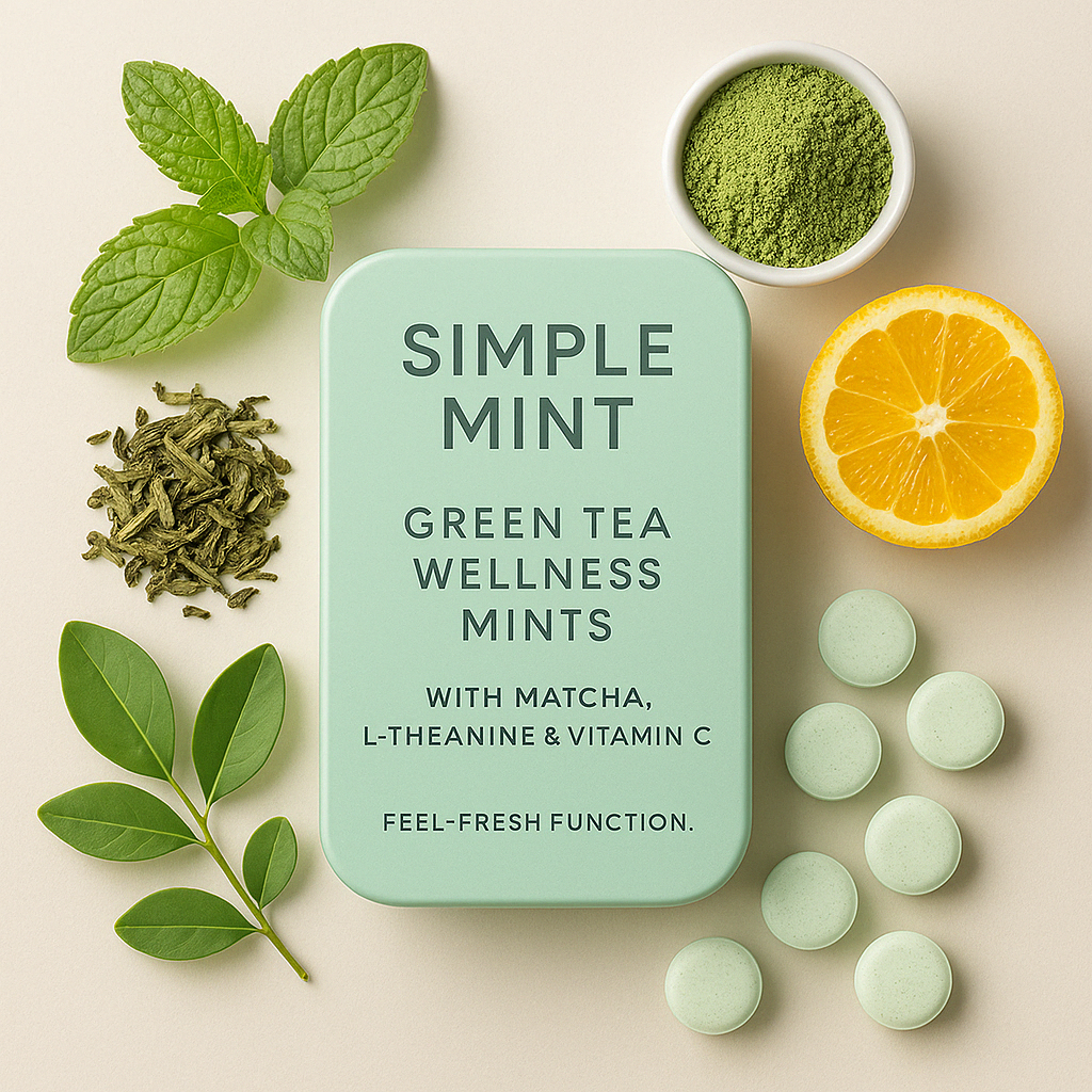 Green Tea Wellness Mints product with ingredients